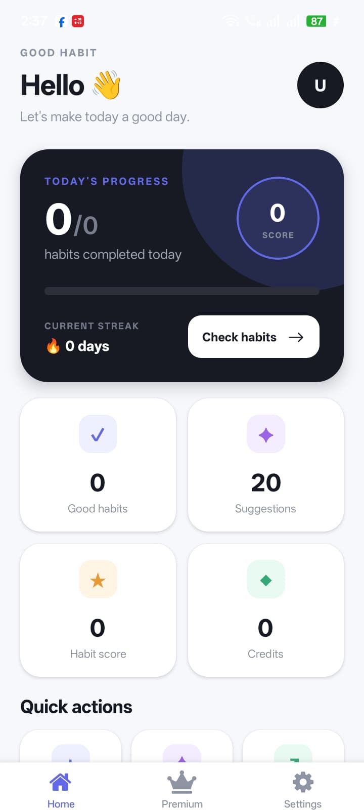 GoodHabit app interface showing habits, streaks and weekly progress